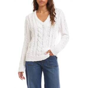 NEW KAREN KANE v neck cable sweater in white eyelet
